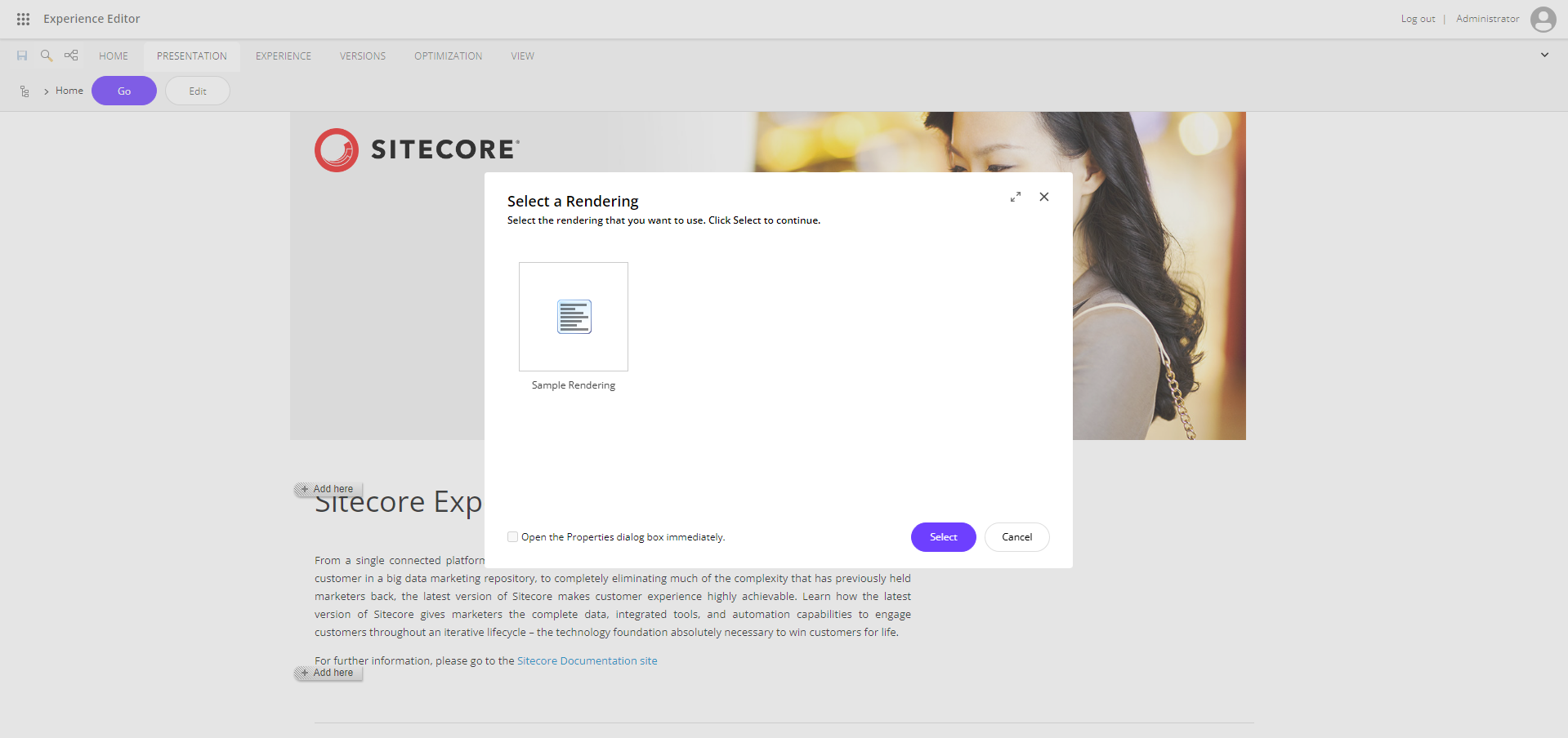 Select a Rendering dialog in Experience Editor