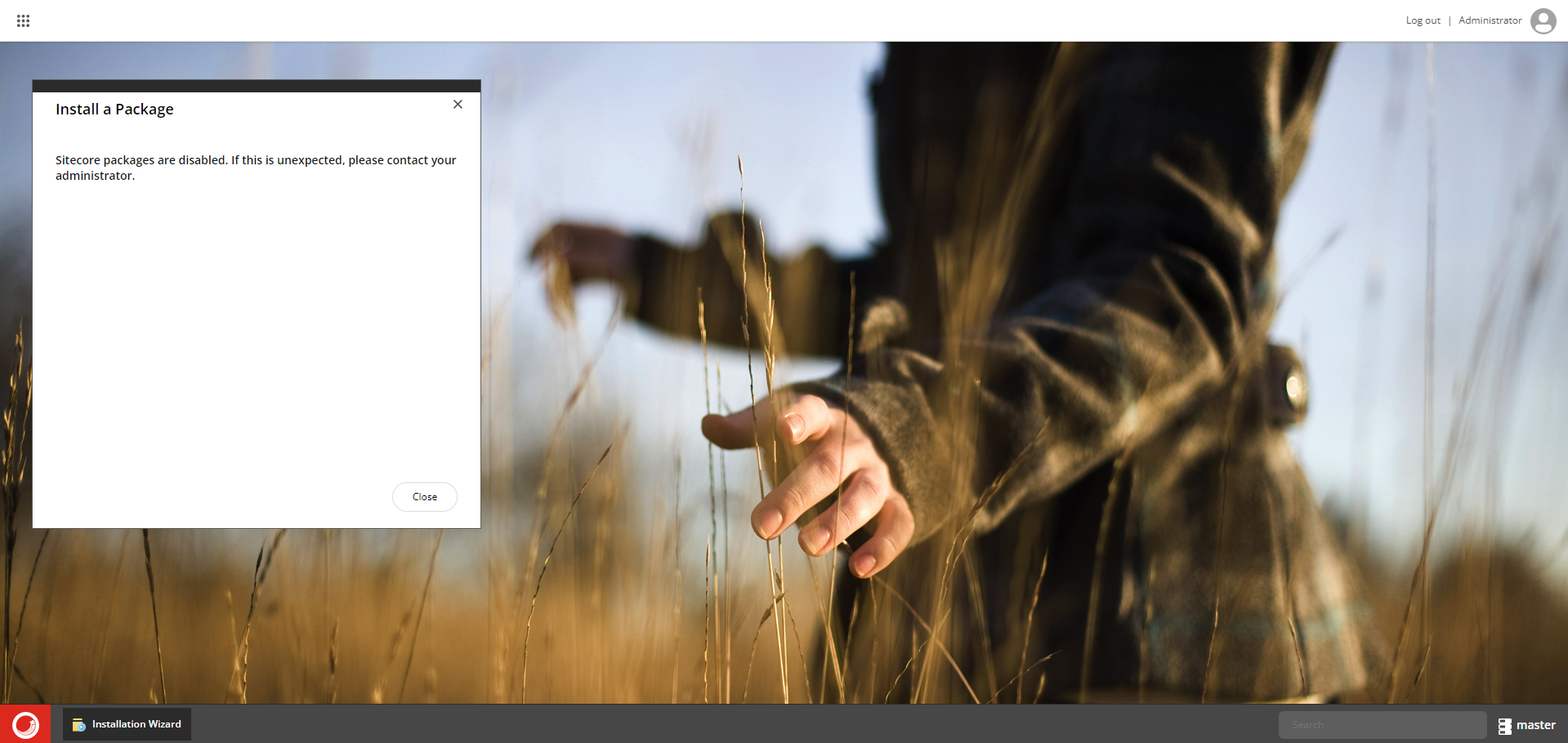 Install a Package dialog showing that Sitecore packages are disabled