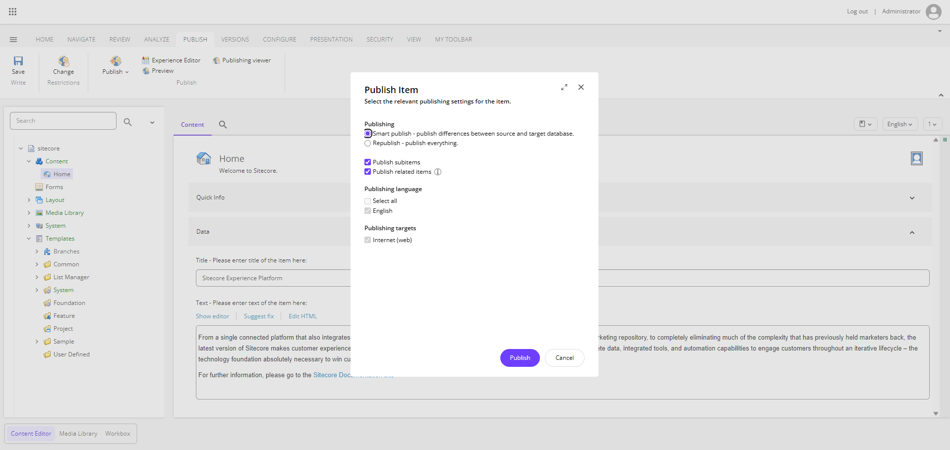 Publish Item dialog in Sitecore 10.5