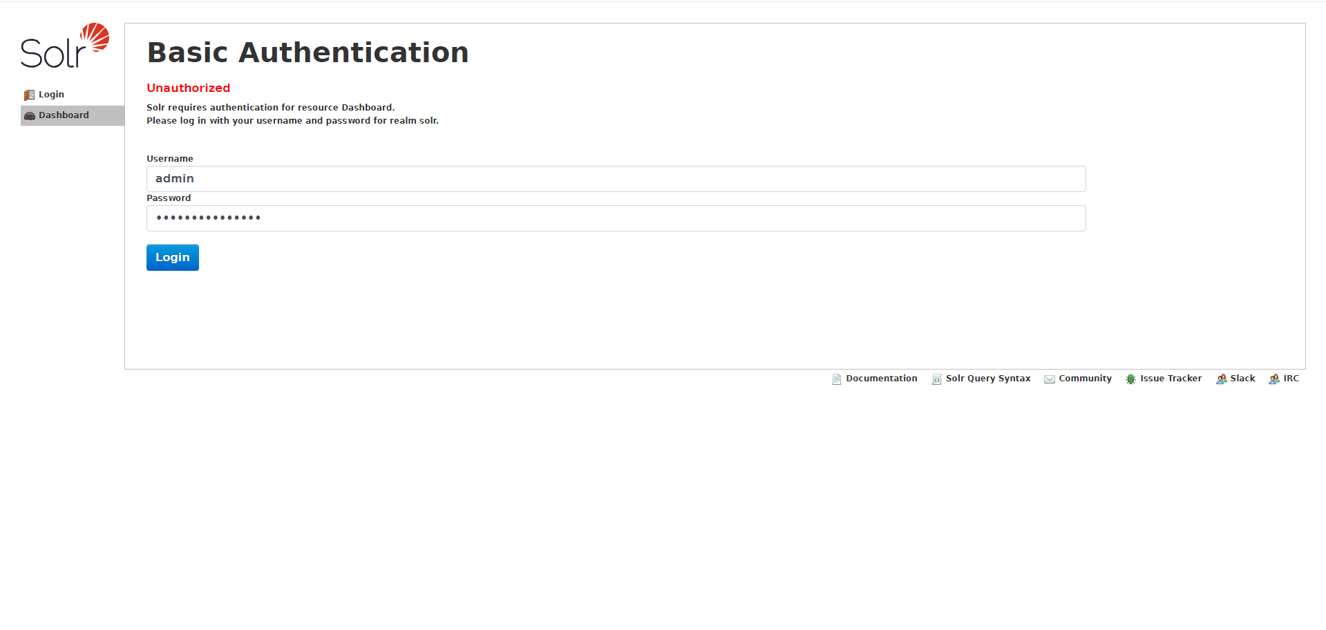 Solr Basic Authentication login screen