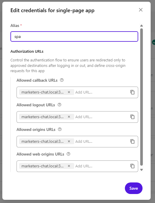 [Edit credentials dialog with Authorization URLs filled in